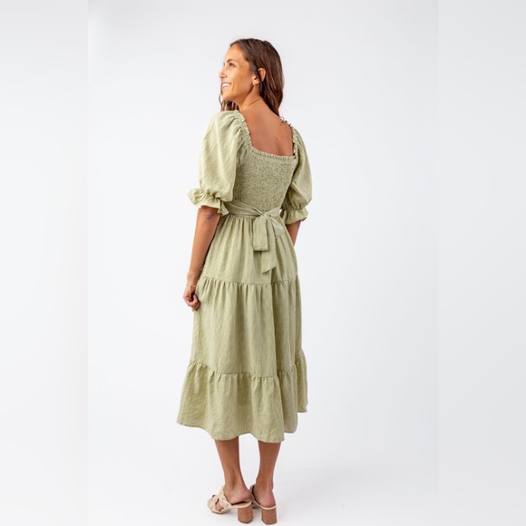 Bohme Green Gingham Smocked Puff Sleeve Midi Dress with Back Bow Cottagecore - Picture 3 of 11